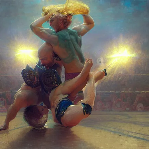 Image similar to bald wrestler breaking blonde wrestler's back, radiant light, caustics, heroic, bright iridescent light, by gaston bussiere, bayard wu, greg rutkowski, maxim verehin, epic wrestling combat, legendary