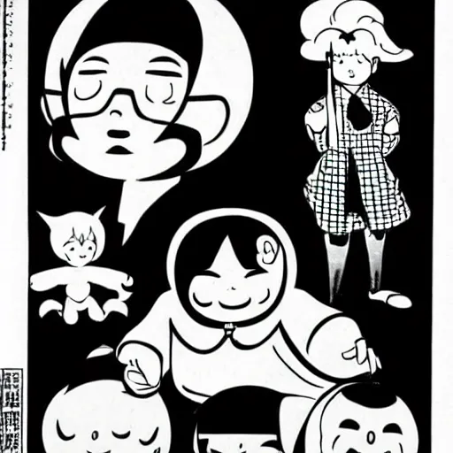 Image similar to osamu tezuka black and white character design 6 0 s