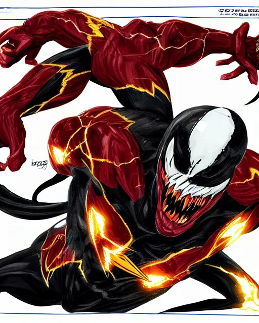 Image similar to venom as the flash, dynamic lighting, fantasy concept art, trending on art station, stunning visuals, creative, cinematic, ultra detailed, comic strip style