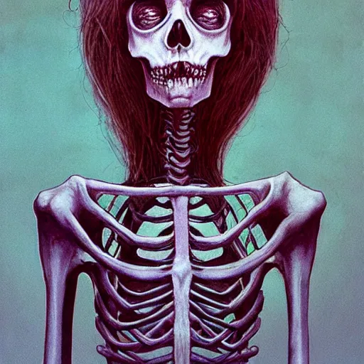 Prompt: skeleton girl, horror, grunge, loony toons style, illustrated by zdzisław Beksiński and dr seuss., Trending on artstation, artstationHD, artstationHQ, 4k, 8k