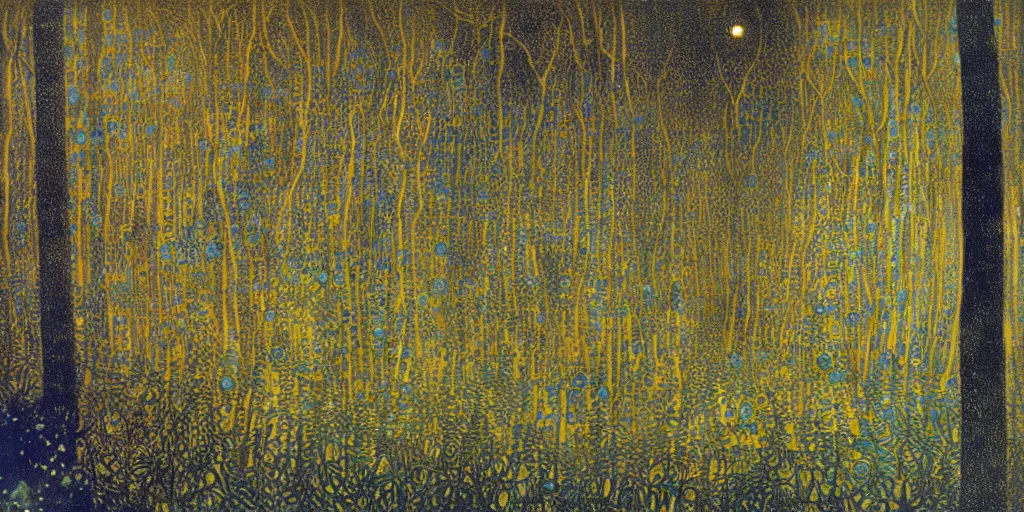 Image similar to a dark foggy golden blue forest, Tarkovsky style, eerie, pulsating , Ernst Haeckel, Klimt, Henri Rousseau