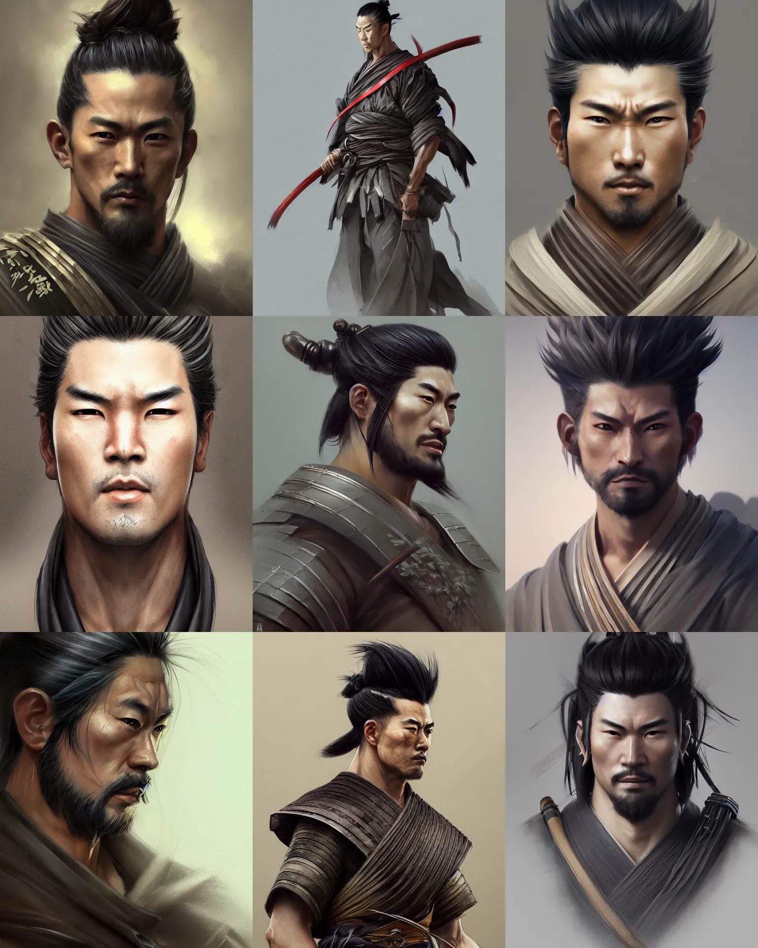 Prompt: full length portrait of a handsome and muscular japanese ronin, square masculine facial features, short messy hair, wearing a haori, by wlop and peter mohrbacher, extremely detailed shading, concept art, digital painting, trending on artstation, unreal engine 5, octane render, atmosphere, cinematic lighting, vibrant colors