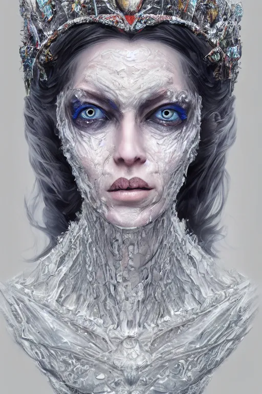 Image similar to Fantasy character portrait of distorted detailed painting of a queen woman made of ice, hyper detailed, trending on Artstation