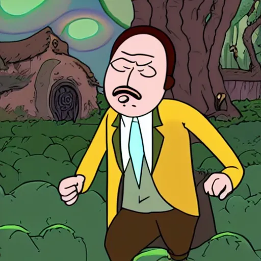 Image similar to angry hobbit man in rick and morty