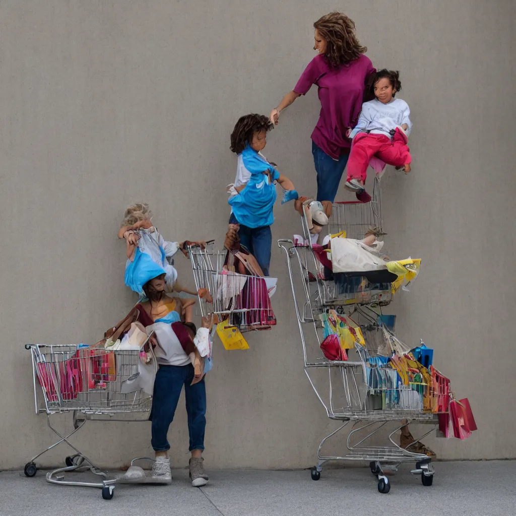 Prompt: homeless mother pushing a shopping cart with a child riding in it, in front of a blank wall, hyperrealistic