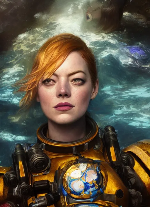 Prompt: underwater portrait of emma stone as a space marine, hyper detailed, digital art, cinematic lighting, studio quality, smooth render, unreal engine 5, octane rendered, art style by klimt and nixeu and ian sprigger and wlop and krenz cushart.