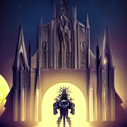 Image similar to a beautiful detailed 3 d matte cathedral on the moon, ominous, magical realism, texture, intricate, skull, skeleton, whirling smoke radiant colors, fantasy, volumetric lighting, high details