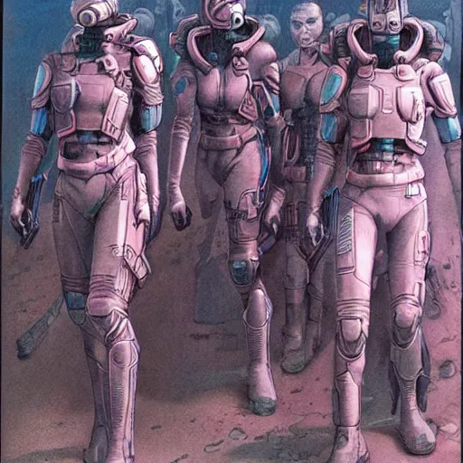 Image similar to all - female tactical scifi team, by wayne barlowe