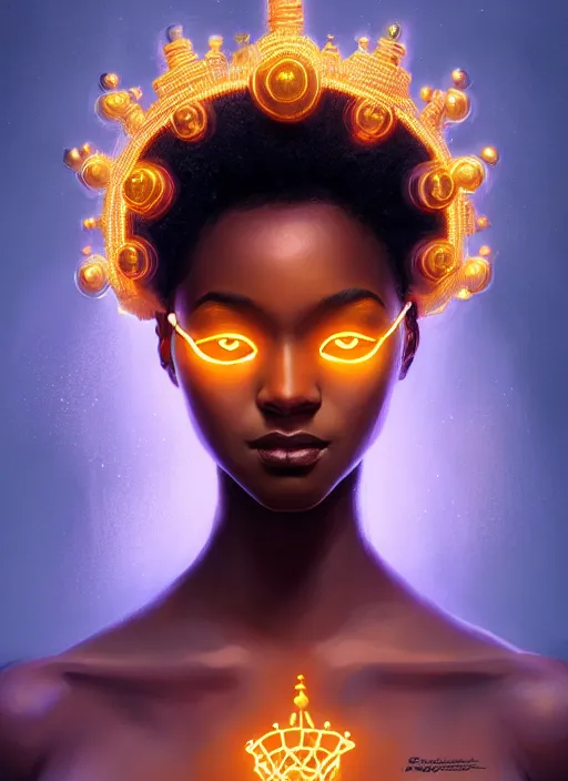 Image similar to portrait of young black woman with glowing crown, afro - futurist style, intricate, elegant, glowing lights, highly detailed, digital painting, artstation, concept art, smooth, sharp focus, illustration, art by wlop, mars ravelo and greg rutkowski