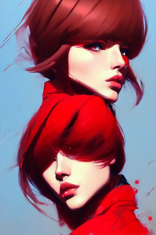 Prompt: a ultradetailed beautiful painting of a stylish woman with bangs in a red jacket, by greg rutkowski, conrad roset and ilya kuvshinov trending on artstation