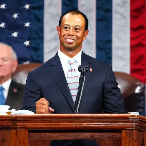 Image similar to tiger woods giving the state of the union address as president of the united states of america. ultra realistic. 4 k.