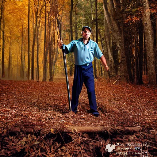 Image similar to closeup portrait of a cleaner with a huge rake in a fall forest, sports photography, by Neil Leifer and Steve McCurry and David Lazar, natural light, detailed face, CANON Eos C300, ƒ1.8, 35mm, 8K, medium-format print