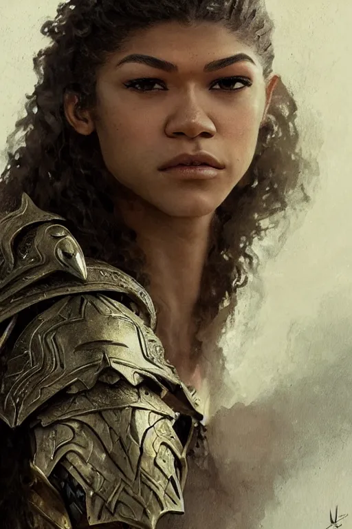 Image similar to zendaya, legendary warrior, heroic fighter, lord of the rings, tattoos, decorative ornaments, battle armor, omar ortiz, carl spitzweg, ismail inceoglu, vdragan bibin, hans thoma, greg rutkowski, alexandros pyromallis, perfect face, sharply detailed, centered, rule of thirds, realistic shading, photorealism