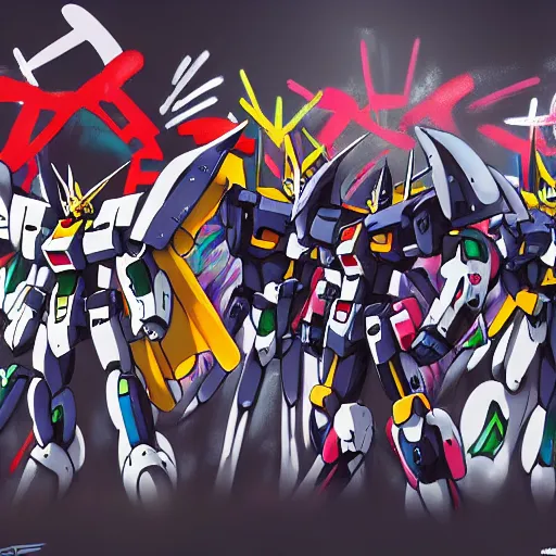 Prompt: graffiti on a wall of anime gundam, speed painting, trending on artstation