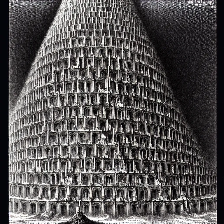 Prompt: the tower of babel. extremely high details, perfect face, black and white, masterpiece, magnum opus engraving by gustave dore, jean giraud, philippe druillet