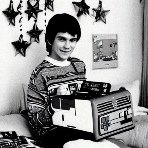 Image similar to christmas morning photo 1 9 8 6 of a typical 1 9 8 0 ’ s teenager after opening their new nintendo game system