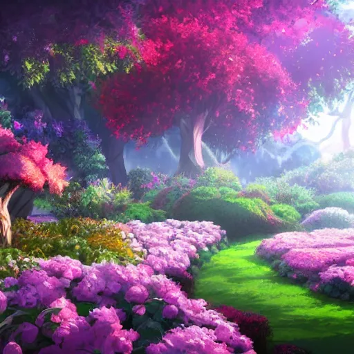 Prompt: a digital painting depicting a beautiful garden from an anime movie, in the style of Tue Tue on ArtStation, cinematic render, 4k,