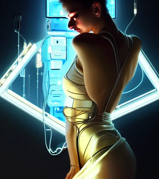 Image similar to beauty woman wrapped in white and gold, Terminator artifacts, electronic case display, cyberpunk tech, ultrarealistic, futuristic, back lit, dramatic lighting, electrical details, high details, 4k, 8k, best, accurate, trending on artstation, artstation, photorealism, ultrarealistic, digital painting, style of Peter Mohrbacher, Caravaggio, Caravaggio, Boris Vallejo, Hajime Sorayama