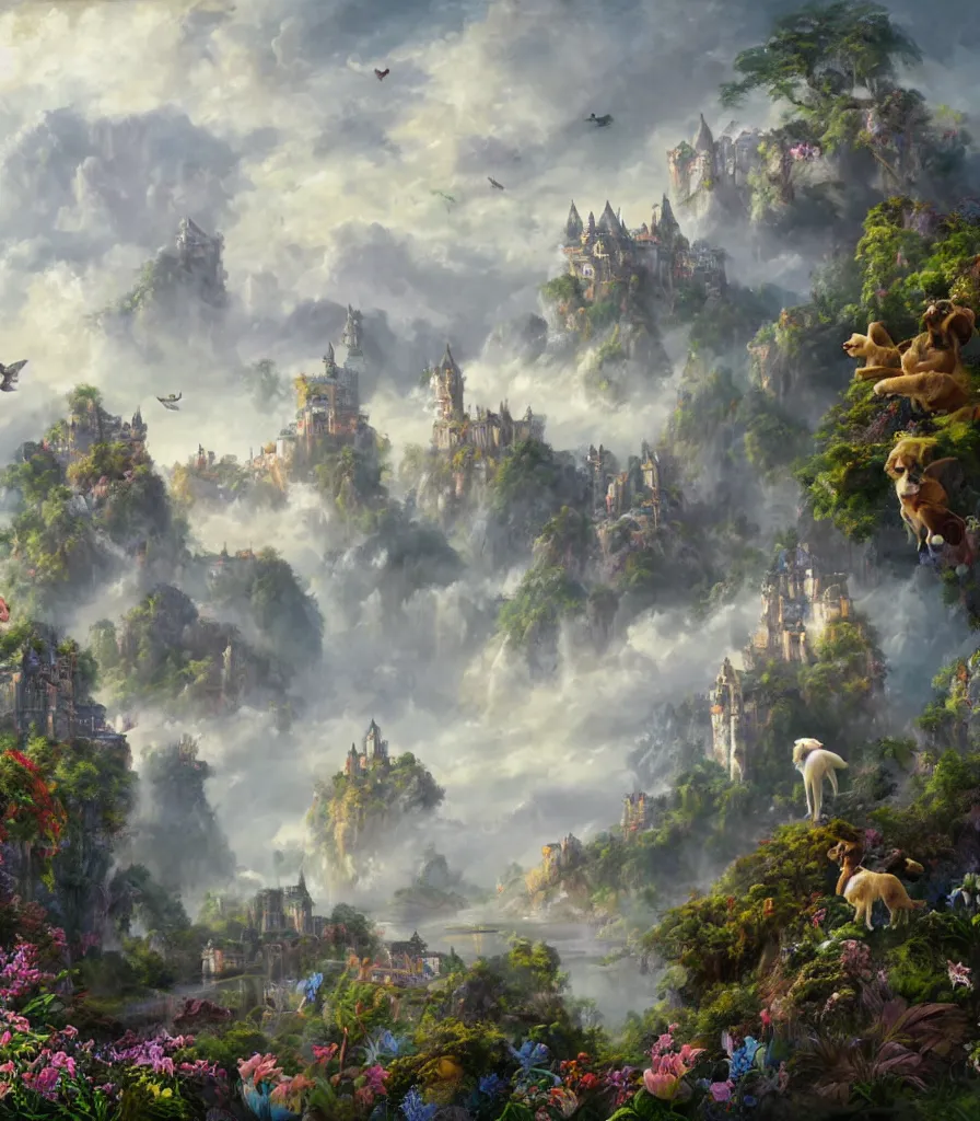 Prompt: a Breathtakingly enchanted landscape with floating Tropical islands, dogs with wings, and a mythical overgrown castle in the background, that are slightly obscured by magical mist in the style of Ken Hong Leung, artstudio, impasto oil painting, high fidelity, fine-grained, charcoal line art