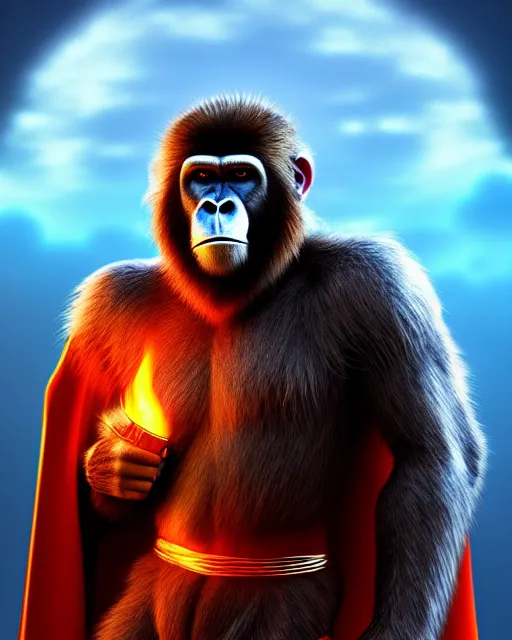 Image similar to fury art, an anthro ape wearing a large cape and a fantasy armor, fire, ice, fiery background, 3 d, 8 k, extremely detailed, trending on furaffinity, trending on artstation, award winning, sharp focus, illustration