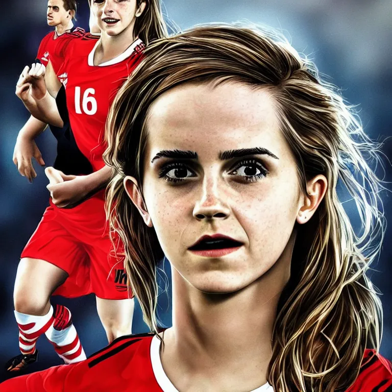 Prompt: emma watson as a lokomotiv football player, face portrait, hyper realistic, highly detailed