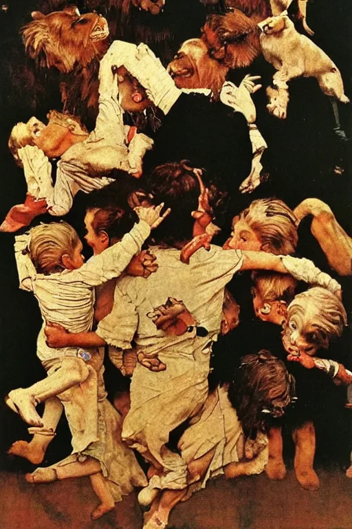 Image similar to sad lions dancing with angels by norman rockwell