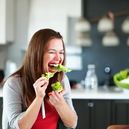 Image similar to Woman laughing and eating a salad, stock photo