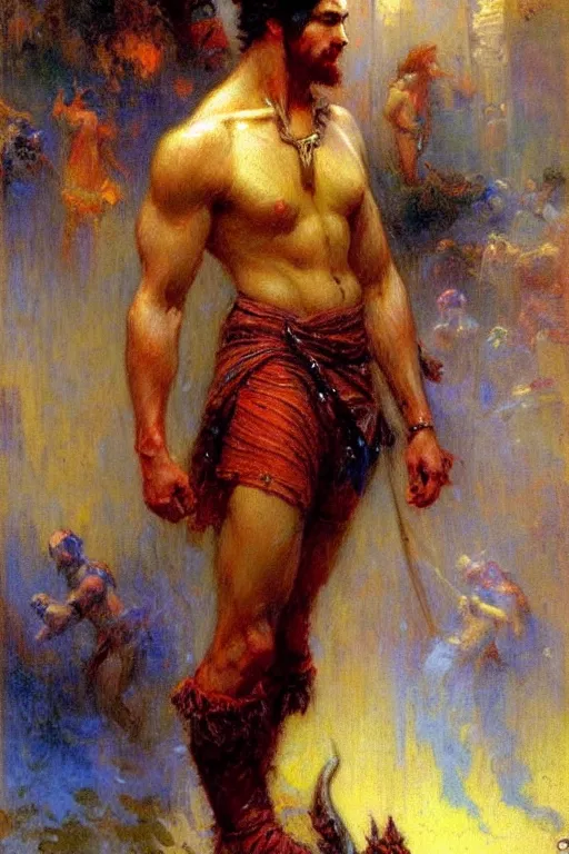 Image similar to attractive male, character design, colorful, painting by gaston bussiere