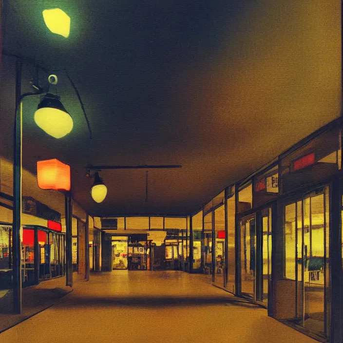 Image similar to unsettling polaroid of a retro mall at night, art by dariusz zawadski, deep depth of field. highly detailed, hyper realism, hd, 4 k