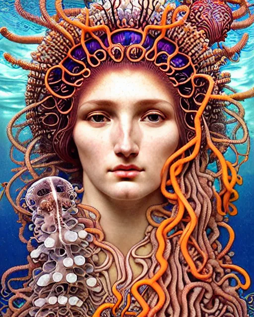 Image similar to hyperrealistic detailed underwater face portrait of the beautiful goddess of the jellyfish with an intricate headgear of corals, sea kelp, sea plants, fish, starfish, jellyfish, art by ernst haeckel, john william godward, android jones, alphonso mucha, gothic - cyberpunk, ornamental, beautiful deep colours,