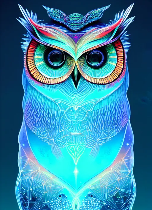 Image similar to symmetry!! product render poster vivid colors divine proportion owl, ice and snow, glowing fog intricate, elegant, highly detailed, digital painting, artstation, concept art, smooth, sharp focus, illustration,