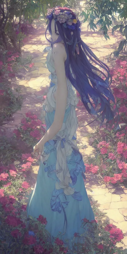 Prompt: a digital art of a loli with long hair in a dress in the privet garden at after noon, blue and warm theme, back lighting, by krenz cushart and mucha and akihito yoshida and greg rutkowski and makoto shinkai, detailed eyes, 4 k resolution, trending on art station