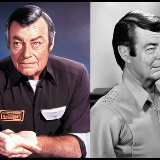 Image similar to photo of a person who looks like a mixture between deforest kelley and james doohan