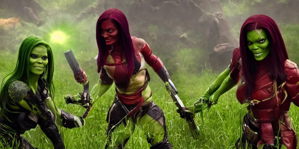 Image similar to beautiful photograph of Gamora taking mate with Scorpion from Mortal Kombat in the field with an ombú in the background. Medium shot.