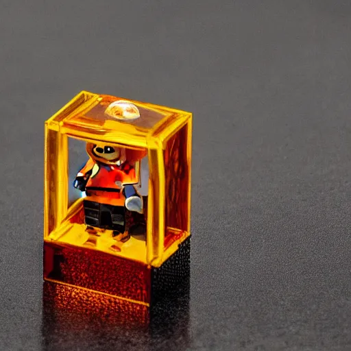 Prompt: a lego figure encased in amber