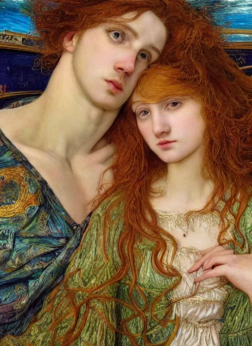 Image similar to detailed colourful masterpiece of intricate preraphaelite art novueau photography couple portrait sat down extreme closeup, love, inside an underwater train, detailed realistic expressions, wearing unusual clothes, by ford madox brown, ultra wide angle