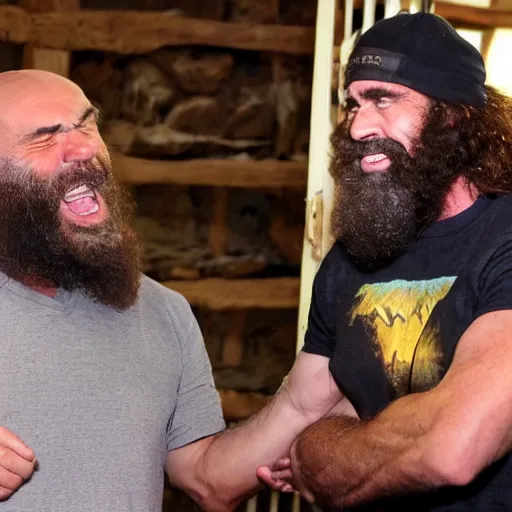 Image similar to photo of ancient caveman surprised to meet Joe rogan, ultra realistic, 4k UHD, pristine