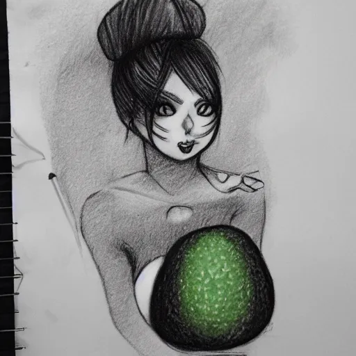 Prompt: pencil sketch of thicc goth girl with an avocado for a head