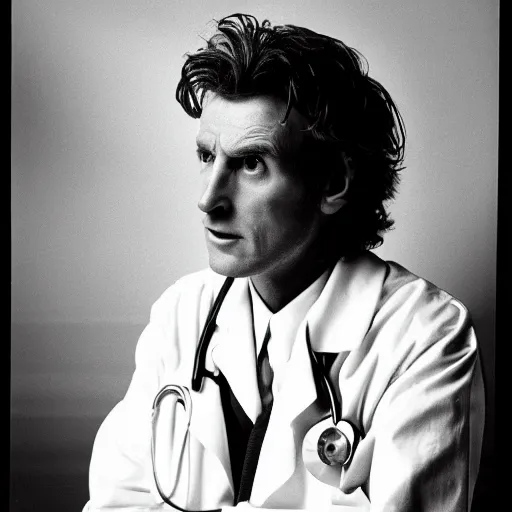 Image similar to a long shot, black & white studio photographic portrait of doctor who, dramatic backlighting, 1 9 9 3 photo from life magazine,