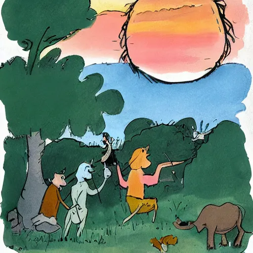 Image similar to quentin blake illustration of a safari at sunset