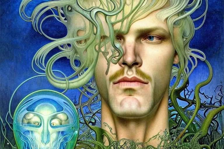 Prompt: realistic detailed portrait painting of a beautiful ghost man with blond hair with an alien, futuristic sci-fi forest on background by Jean Delville, Amano, Yves Tanguy, Alphonse Mucha, Ernst Haeckel, Edward Robert Hughes, Roger Dean, rich moody colours, blue eyes