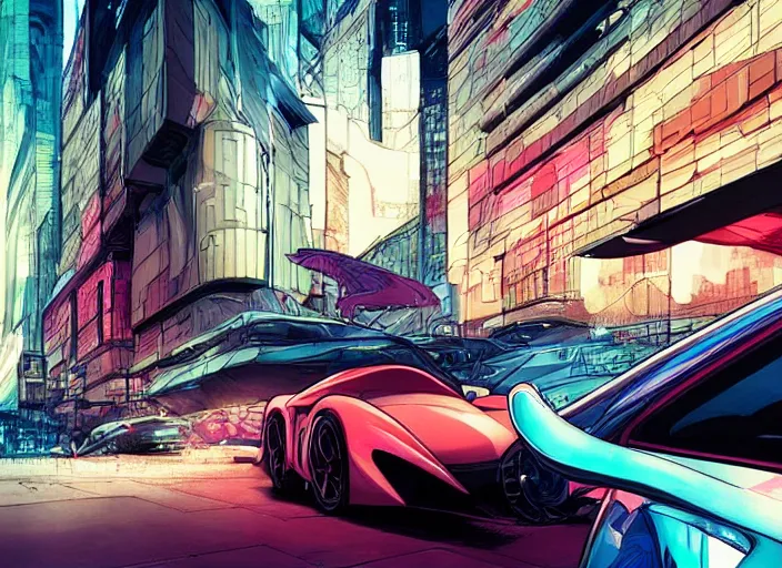 Image similar to a sport car in a city, sharp focus. cinematic pose, cinematic lighting, art by josan gonzales and moebius and deathburger.