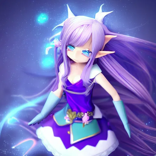Prompt: Foreground: Render of a very beautiful 3d anime girl, elf girl, full body, long silver hair purple tips, azure blue eyes, full round face, short smile, cute dress, in snow, medium shot, mid-shot, cinematic lightning, high detail, artstation; Background: detailed low poly wallpaper, vibrant colors, HDR, hd, uhd, 4k, 8k wallpaper