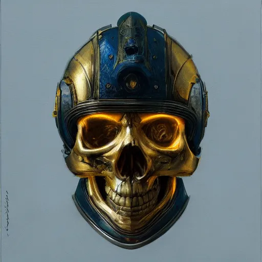 Image similar to three quarter view of a knights helmet gold skull face mask by donato giancola and greg rutkowski, vintage retro scifi, realistic face, digital art, trending on artstation