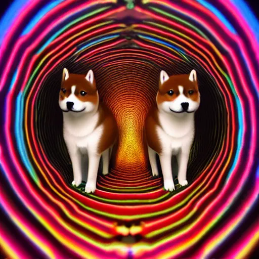 Image similar to two shiba inu in the psychedelic baroque dmt fourth dimensional tunnel, octane 3 d render