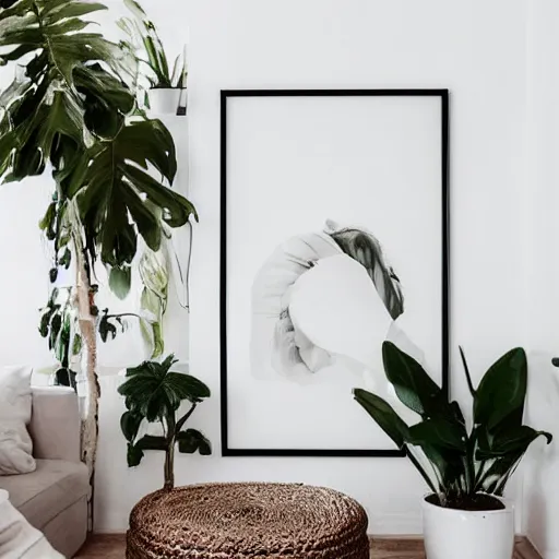 Prompt: a minimalist mockup photo with large blank frame, in a white boho style studio, pale wood furniture, in cozy coastal style home interior, trending on pinterest