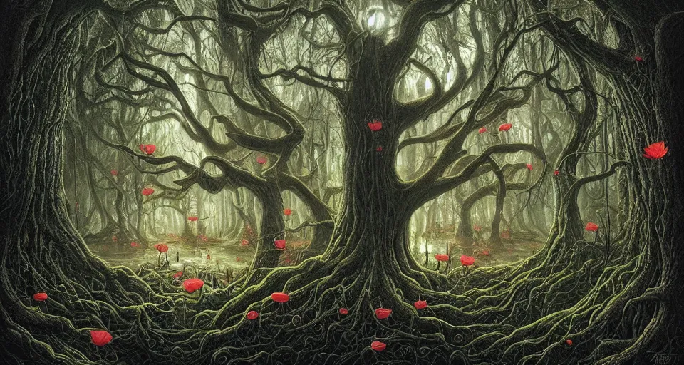 Image similar to A dense and dark enchanted forest with a swamp, by Naoto Hattori