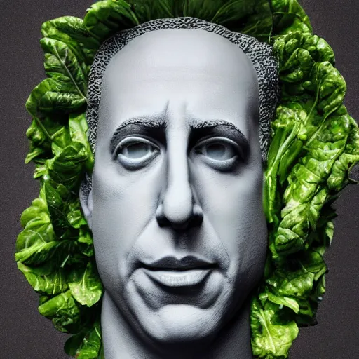Image similar to hyperrealistic mixed media image of a statue of jerry seinfeld made entirely of salad and leafy green vegetables, stunning 3 d render inspired art by istvan sandorfi and greg rutkowski, perfect facial symmetry, realistic, highly detailed attributes and atmosphere, dim volumetric cinematic lighting, 8 k octane extremely hyper - detailed render, post - processing, masterpiece,