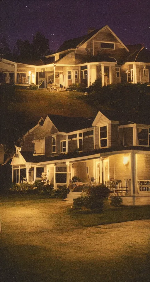 Image similar to a nostalgic photograph of a suburban home at night during summer