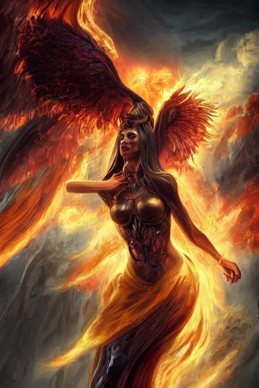 Prompt: fantasy character concept portrait, digital painting, wallpaper of a phoenix goddess with skin of obsidian, with veins of magma and gold, renaissance nimbus overhead, by aleksi briclot, by laura zalenga, by alexander holllow fedosav, 8 k dop dof hdr, vibrant